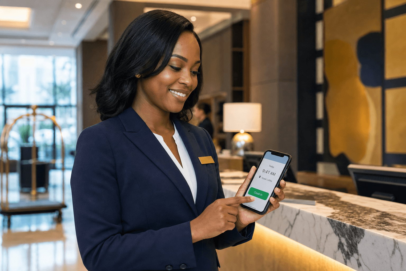 Réceptionniste afro-américaine souriante qui pointe son arrivée sur smartphone à l’accueil de l’hôtel.