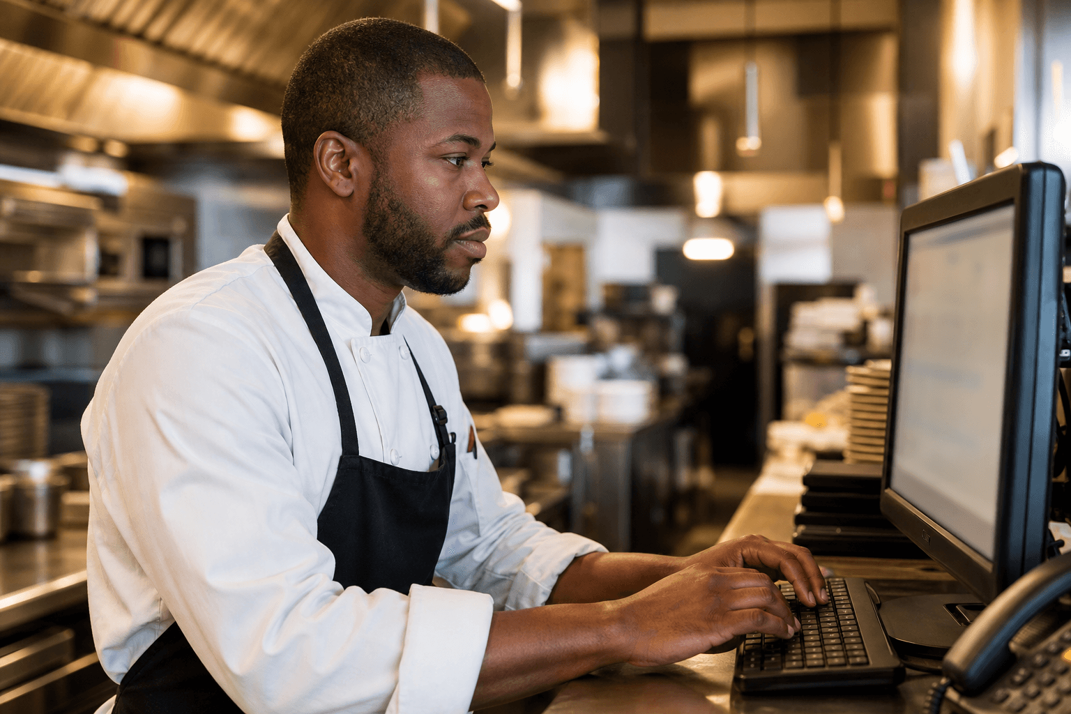 Personnel hôtelier (cuisine) saisissant une liste d'achats sur ordinateur — interface BARCLÉS en surimpression.