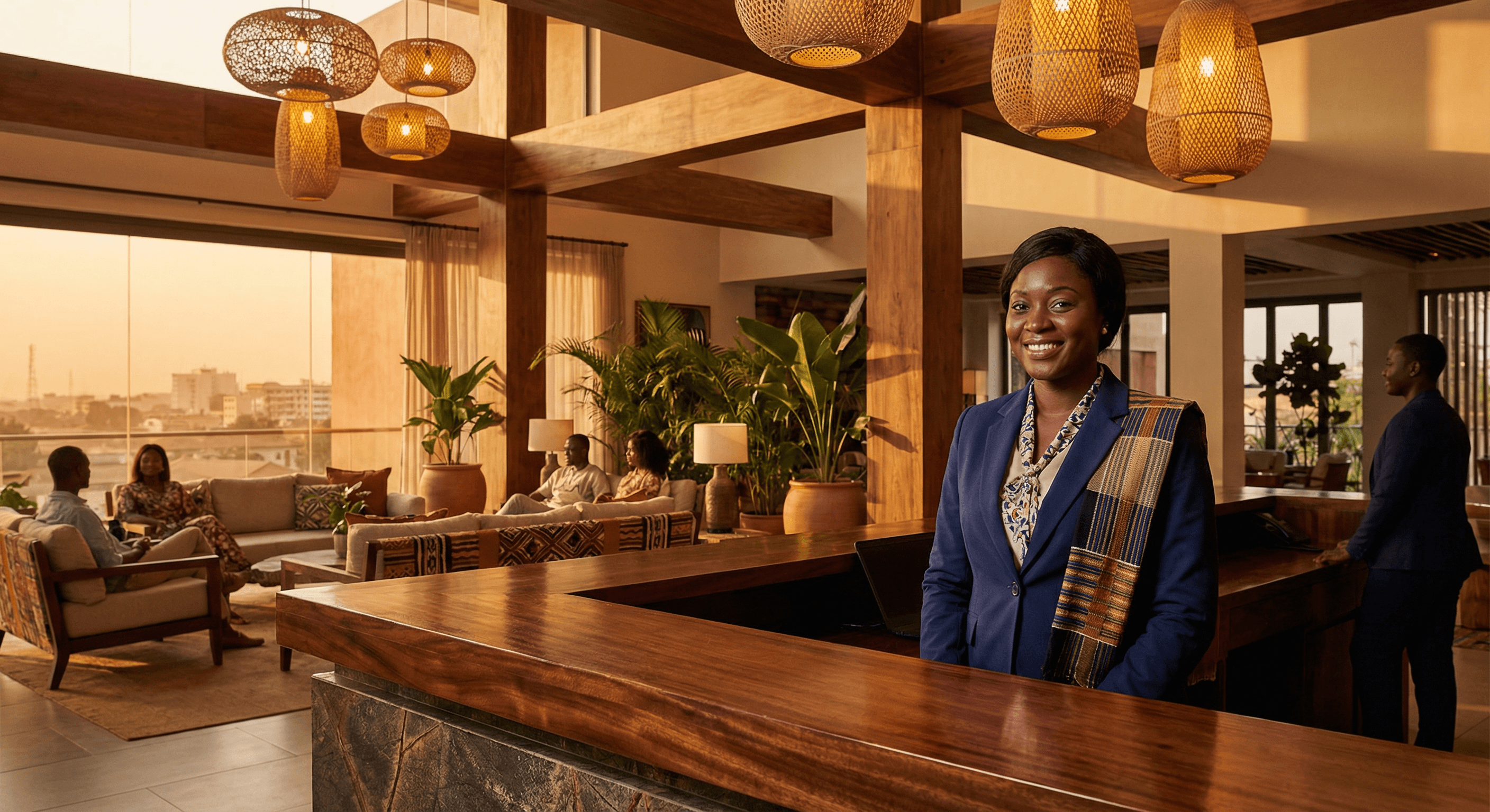 Hotel team and guests — African hotel scene reinforcing professionalism and hospitality.