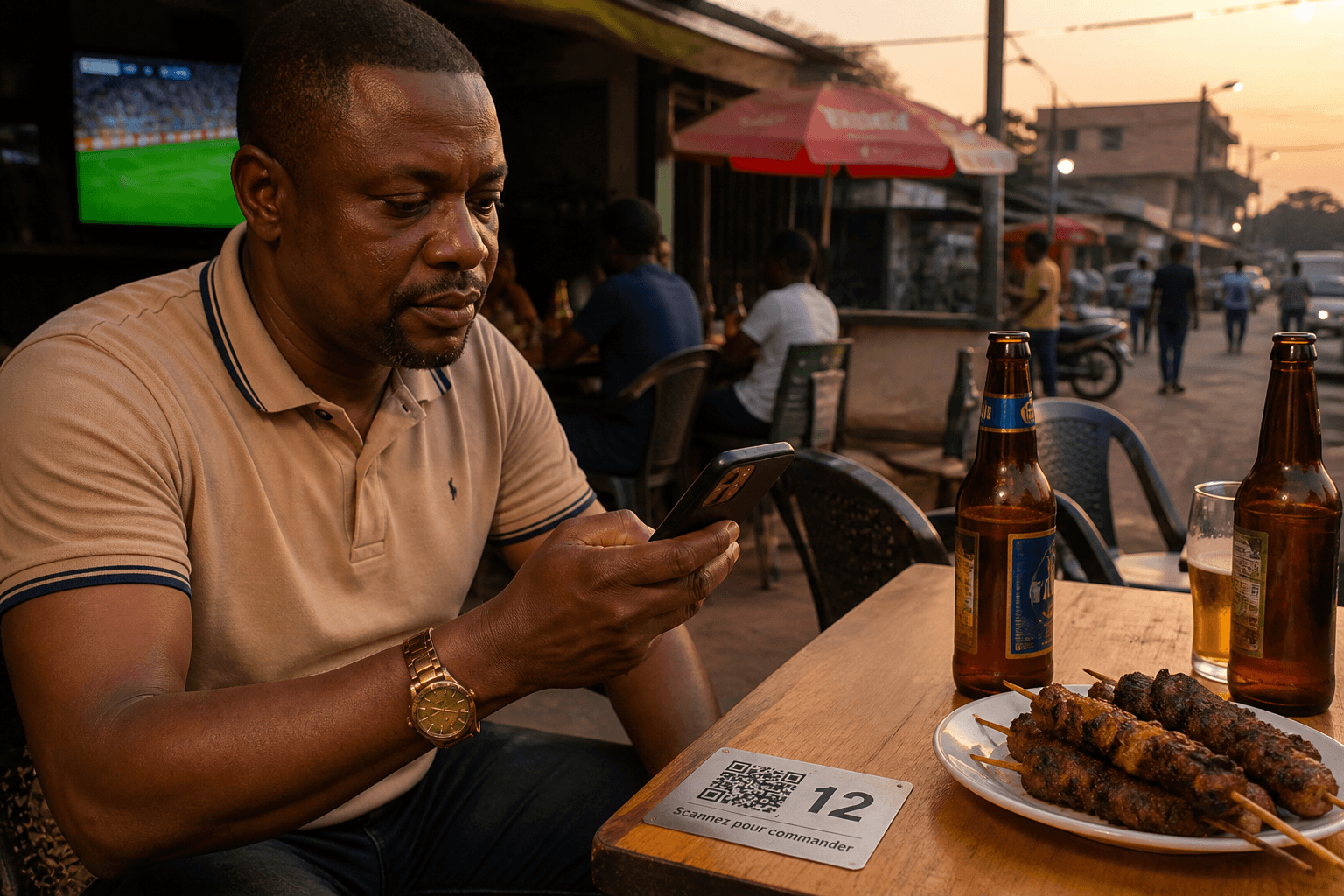 Client afro-américain en terrasse de snack-bar, scannant le QR pour commander.