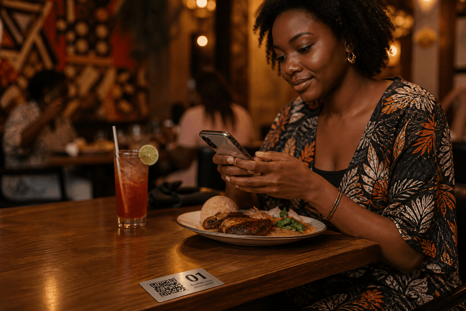 Cliente afro-américaine scannant la plaque QR métallique au coin d’une table de restaurant.