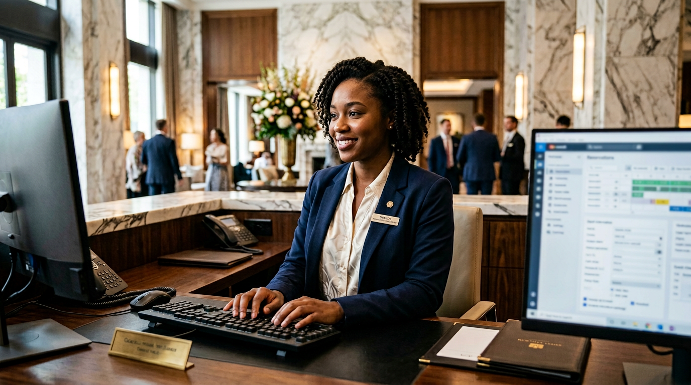 African American front office supervisor at the hotel reception desk working on computer screens — same systems as daily PMS operations.
